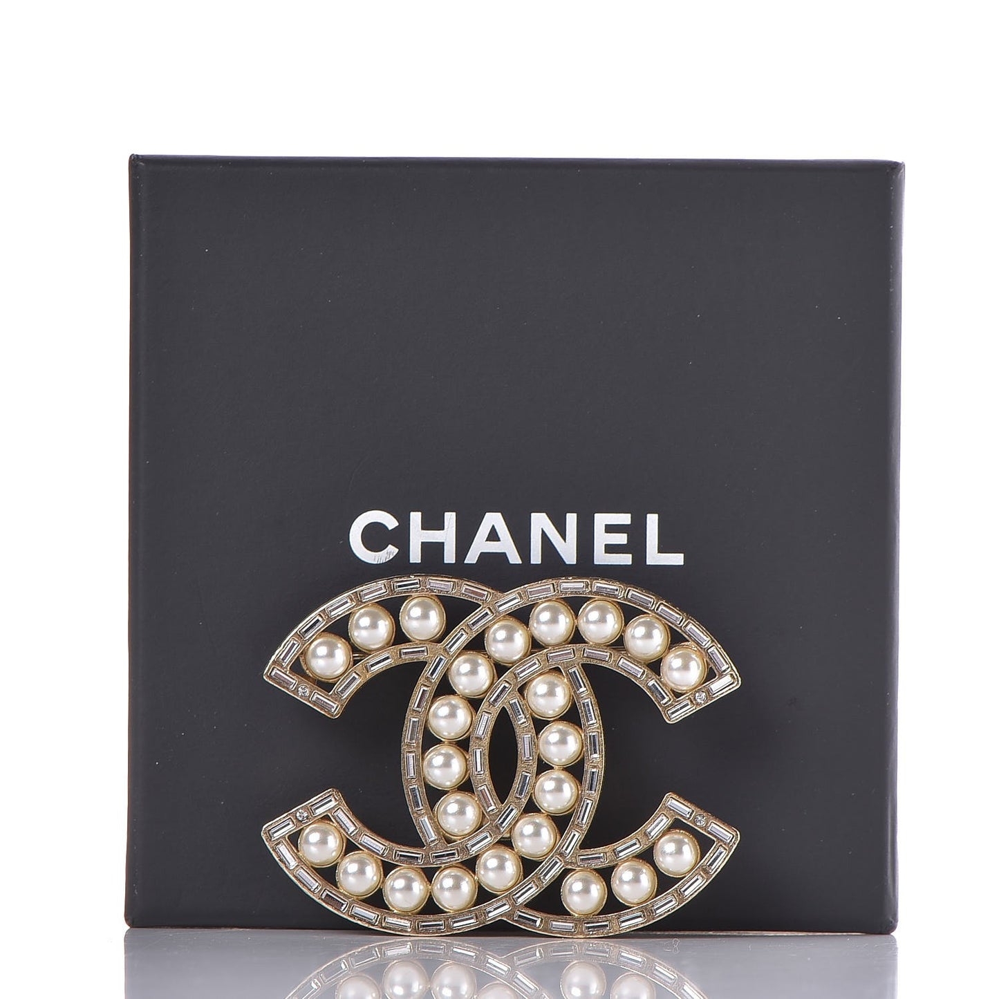 Pearl Baguette Crystal CC Brooch Gold