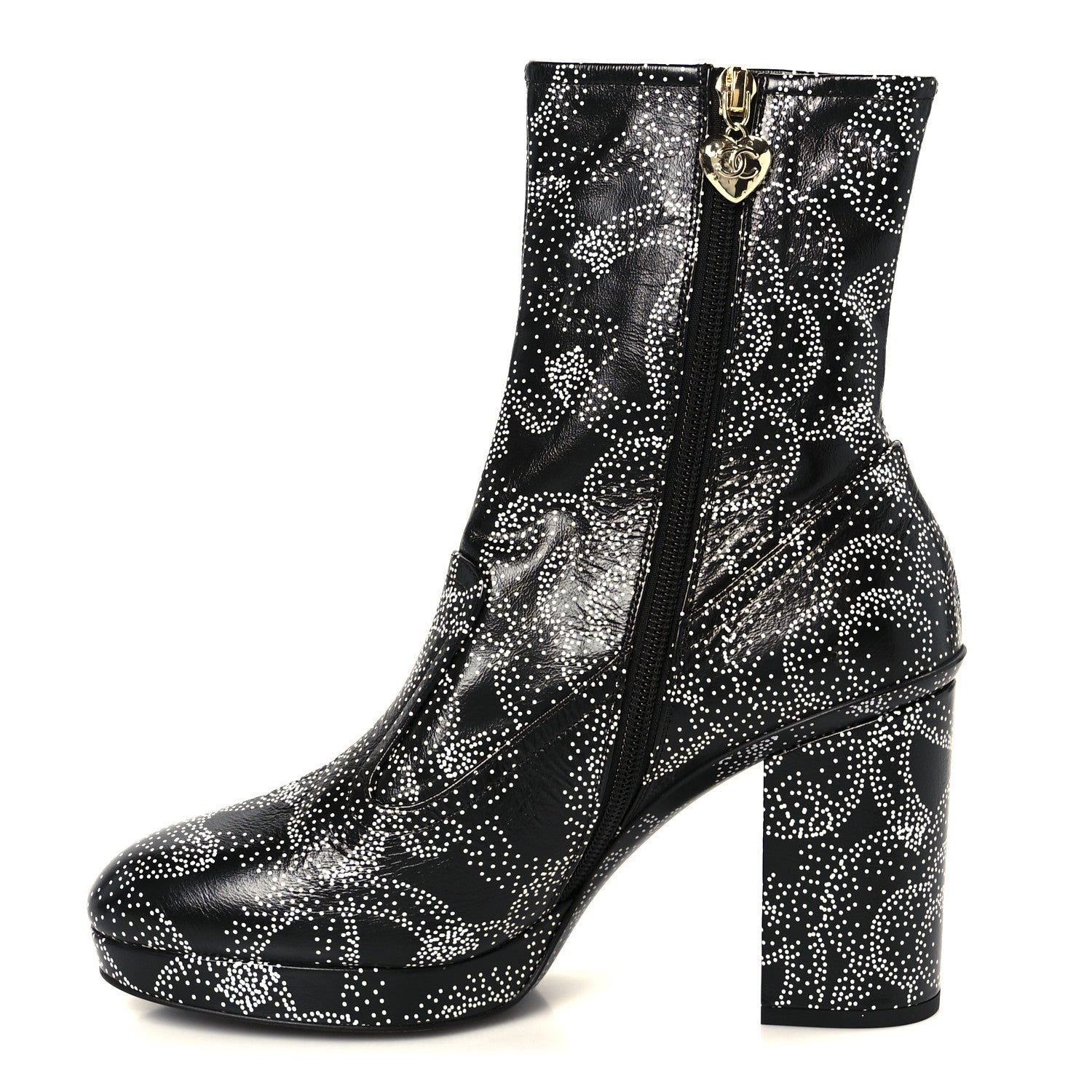 Chanel Calfskin Camellia Printed Ankle Boots 39 Black White 1 of 10