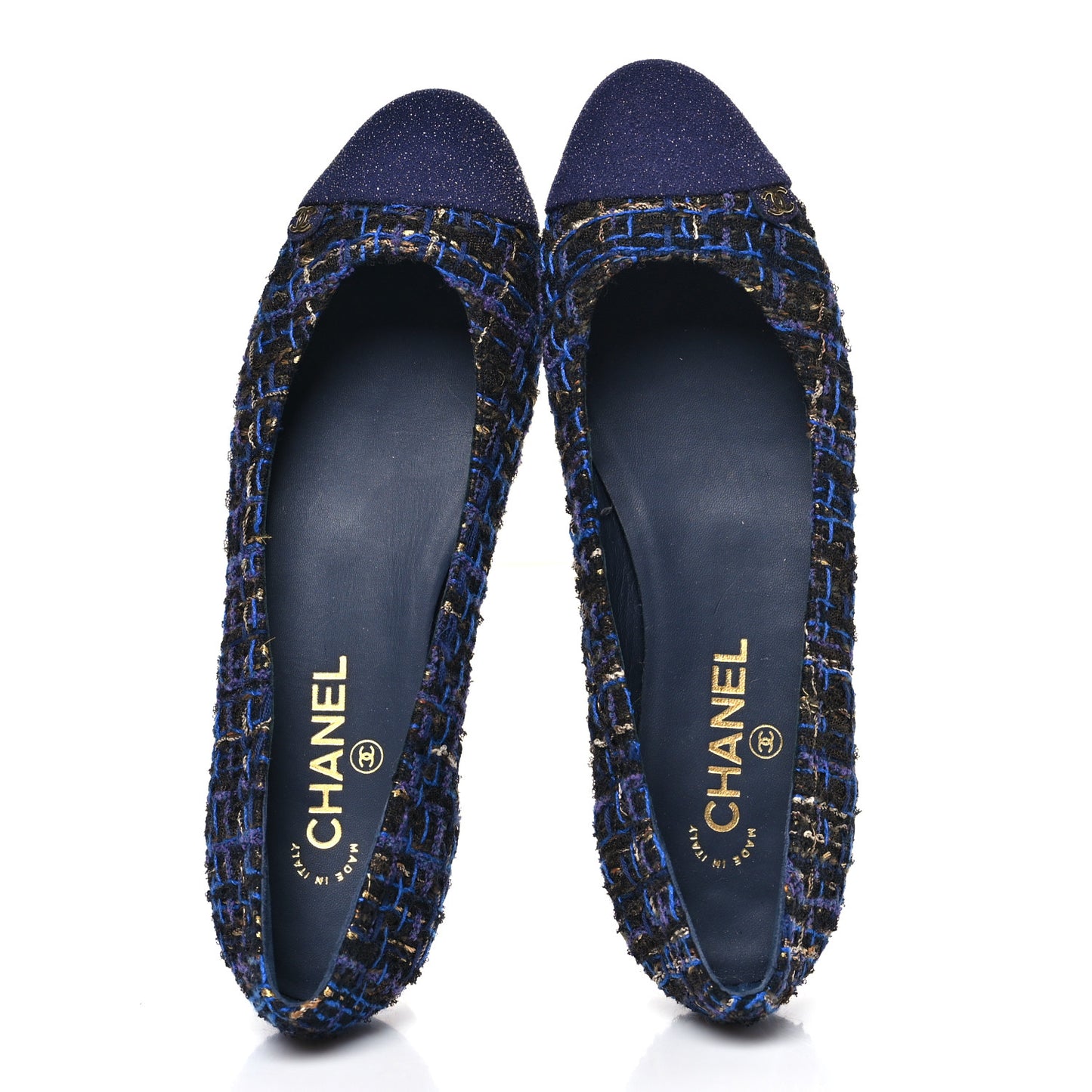 Tweed Lambskin Cap Toe Ballerina Flats 40 Navy Blue Black
