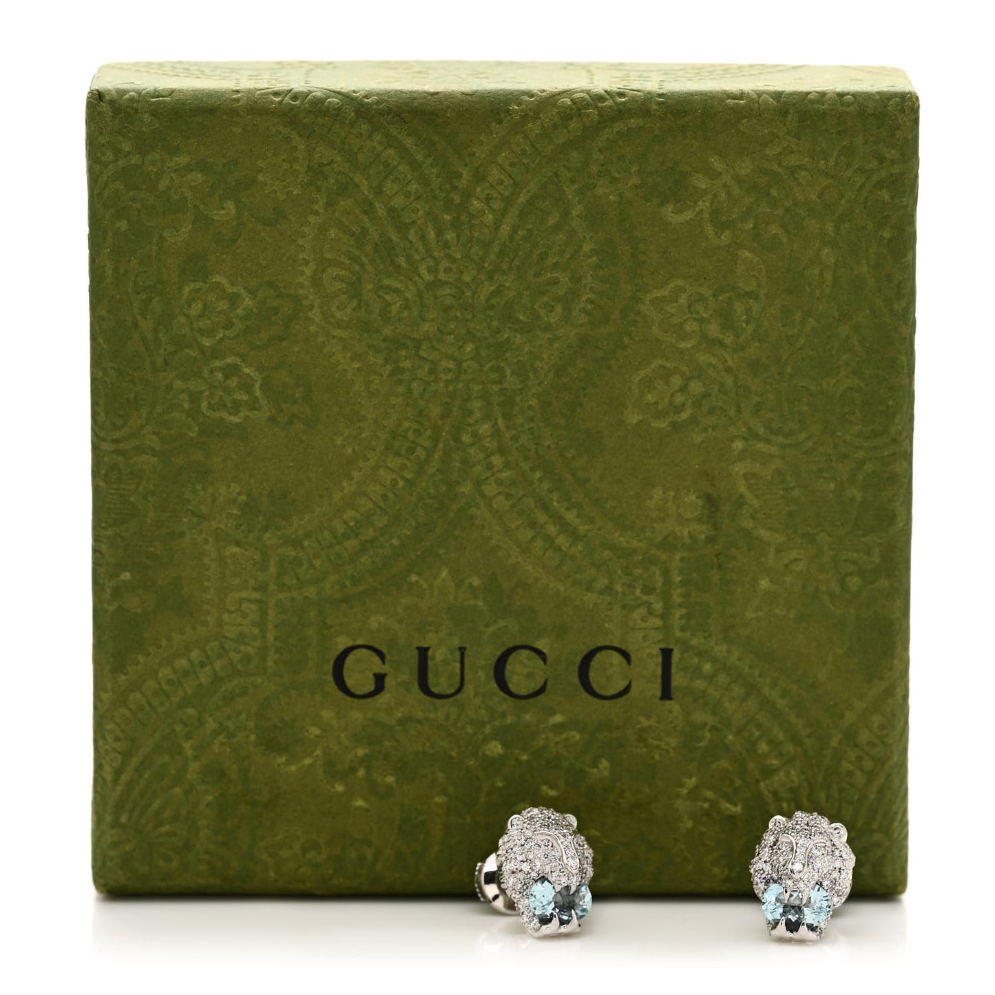 18K White Gold Diamond Aquamarine Lion Head Earrings