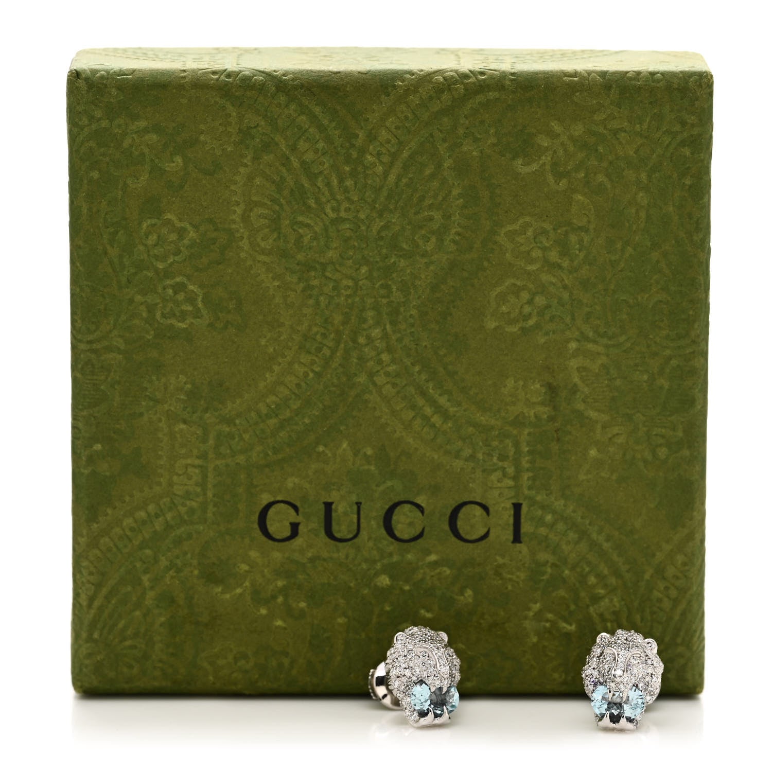 Gucci 18K White Gold Diamond Aquamarine Lion Head Earrings 8 of 8