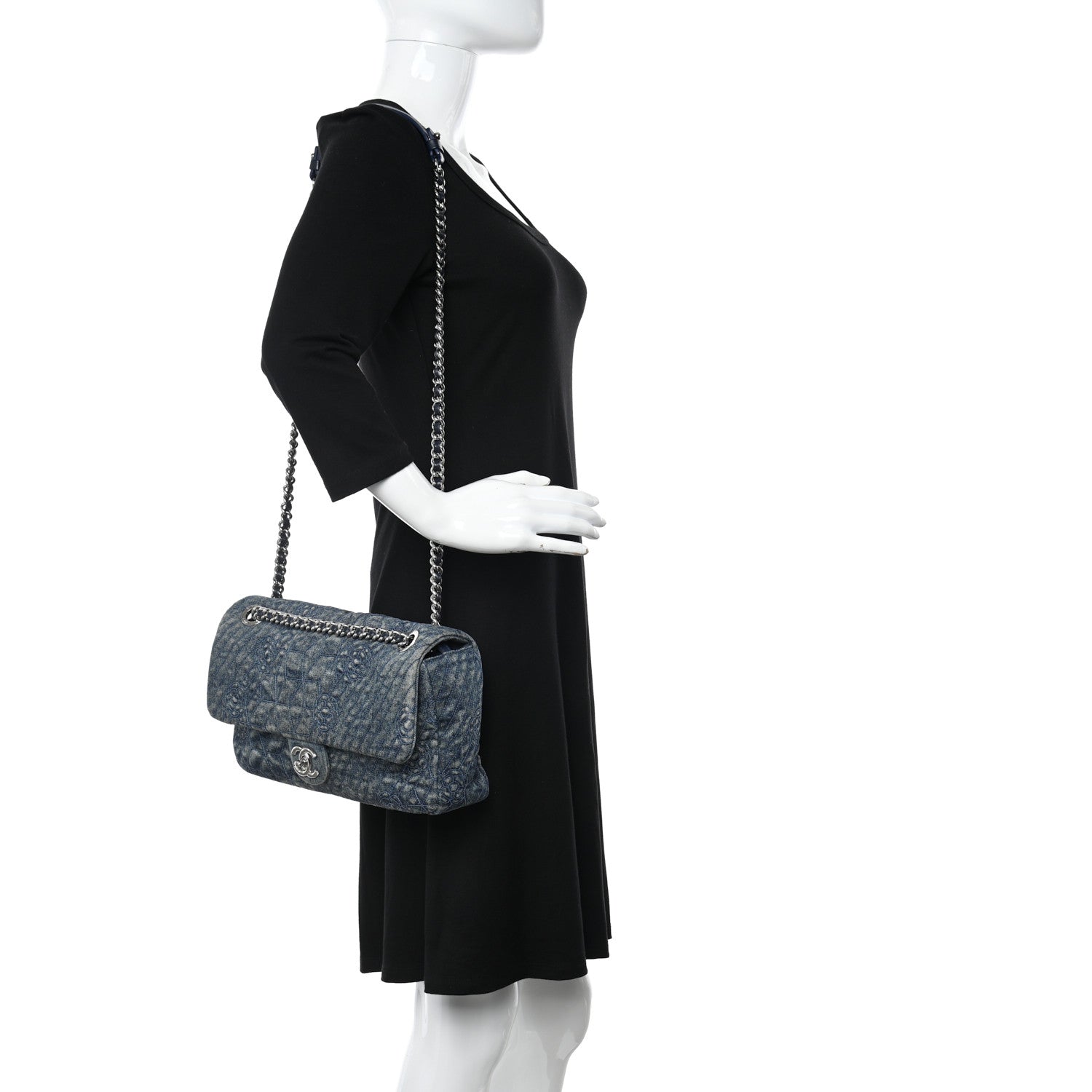 Chanel Denim Quilted Camellia Embroidered Large Flap Blue 2 of 13