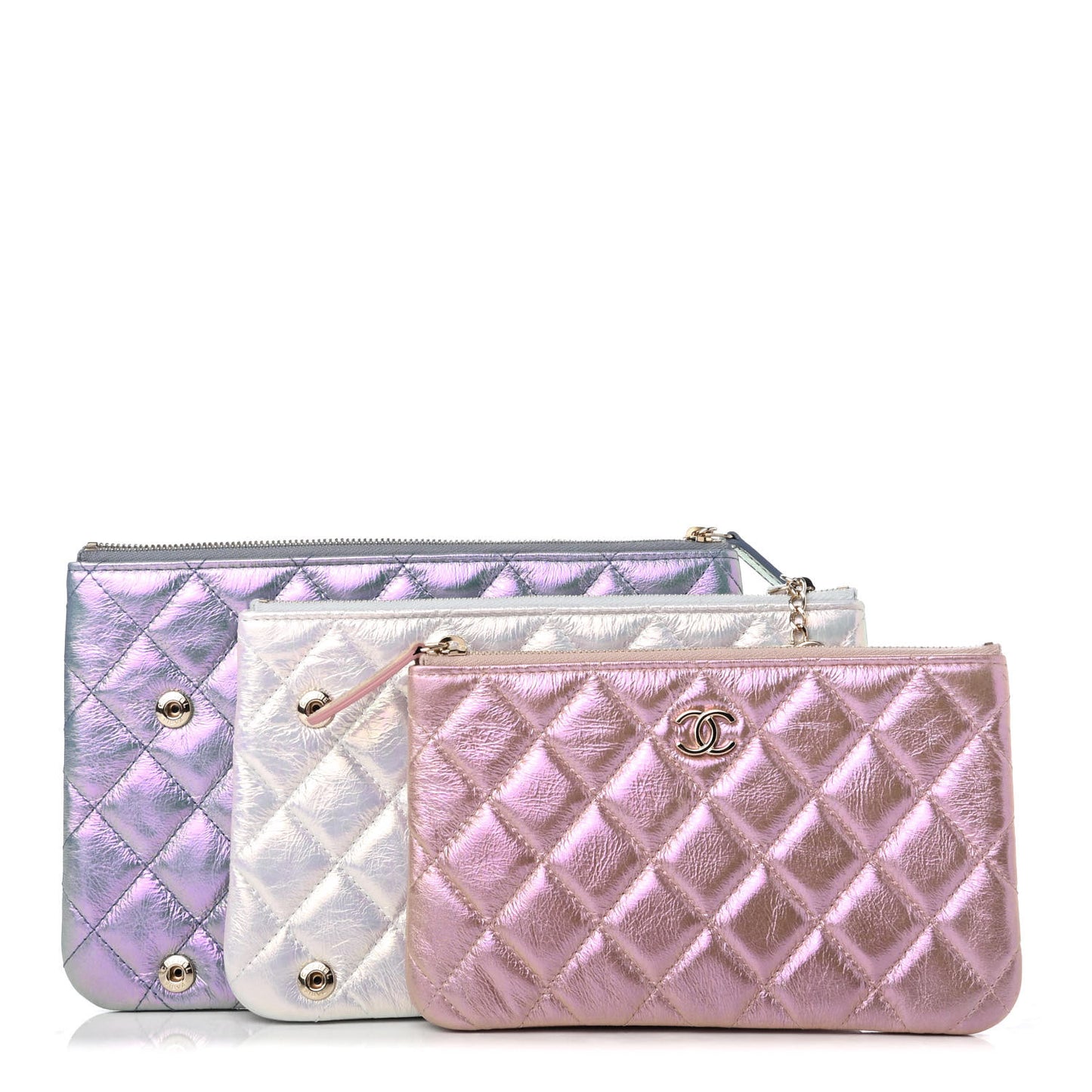 Iridescent Crumpled Calfskin Trio Cosmetic Case Blue Pink Ivory