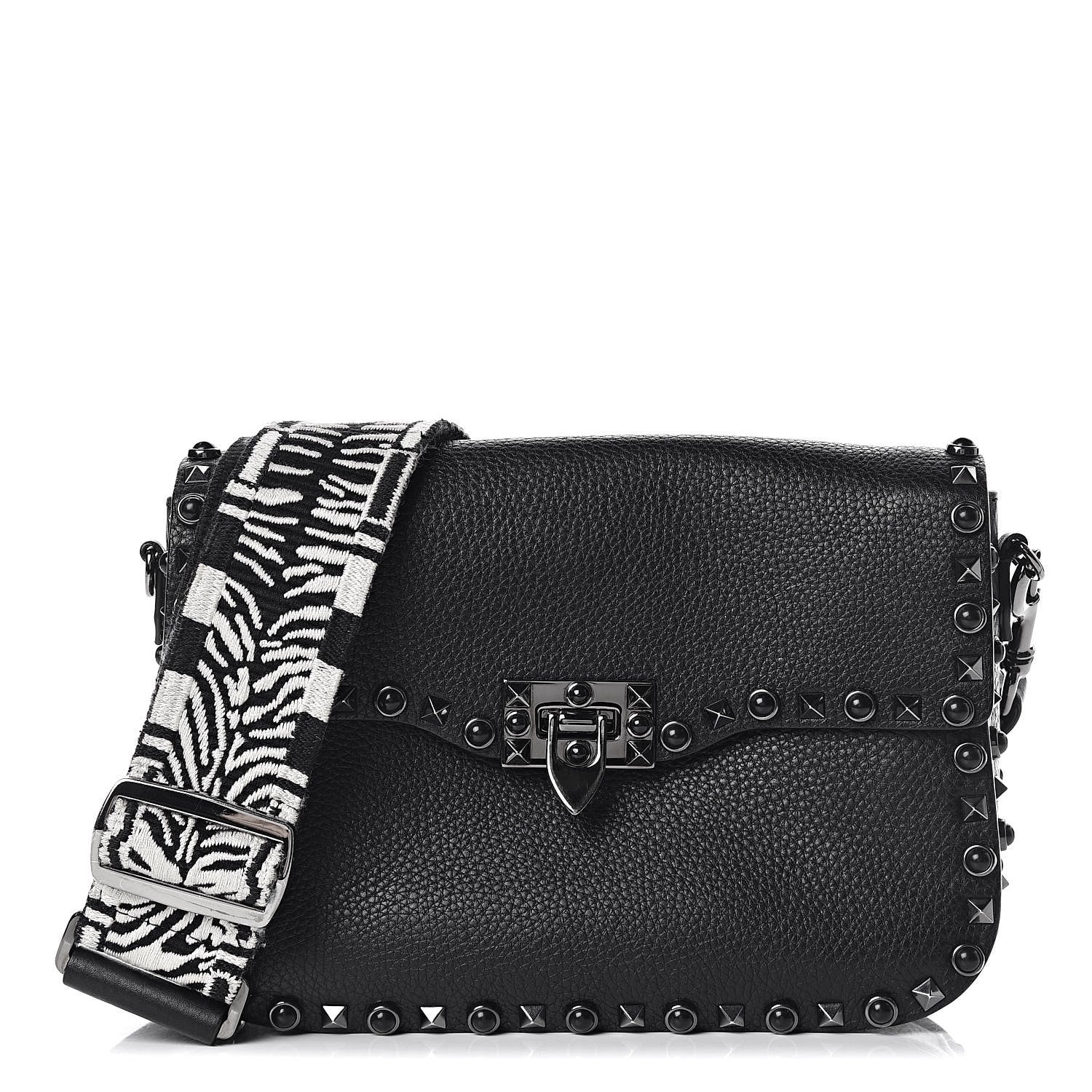 Valentino Garavani Pebbled Calfskin Onyx Medium Guitar Strap Rockstud Rolling Flap Saddle Bag Black 1 of 18