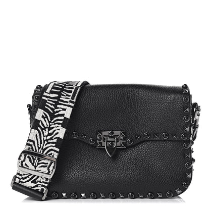 Valentino Garavani Pebbled Calfskin Onyx Medium Guitar Strap Rockstud Rolling Flap Saddle Bag Black 1 of 18
