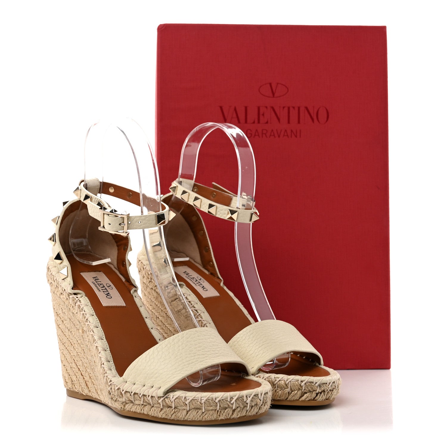 Valentino Garavani Grained Calfskin Rockstud Ankle Strap Espadrille 15/105mm Wedge Sandals 35 Light Ivory Natural 11 of 11