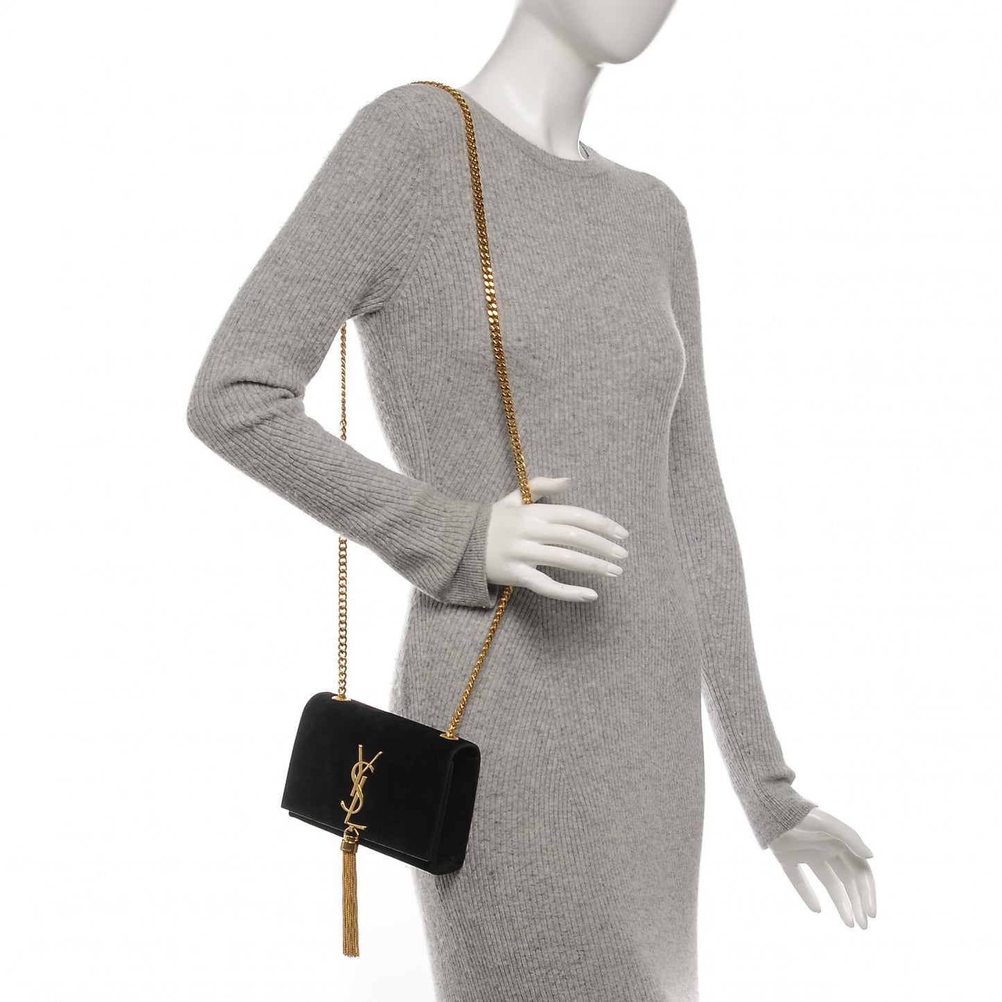 Suede Small Classic Monogram Kate Tassel Satchel Black