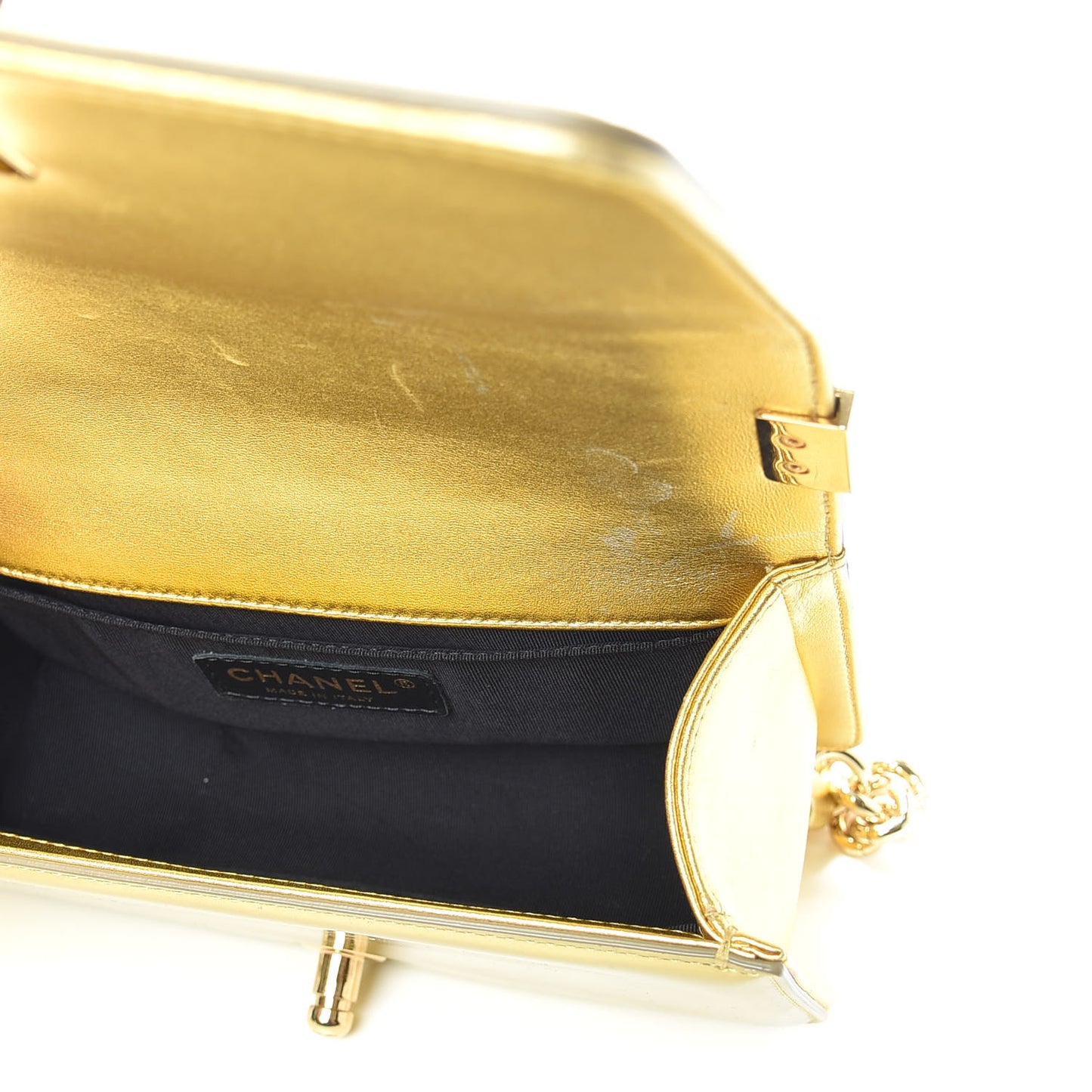 Metallic Patent Calfskin Quilted Small Boy Flap Gold