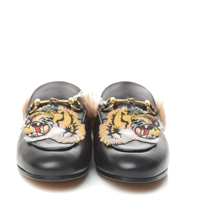 Gucci Calfskin Lambswool Tiger Embroidered Womens Princetown Slippers 38 Black 2 of 9