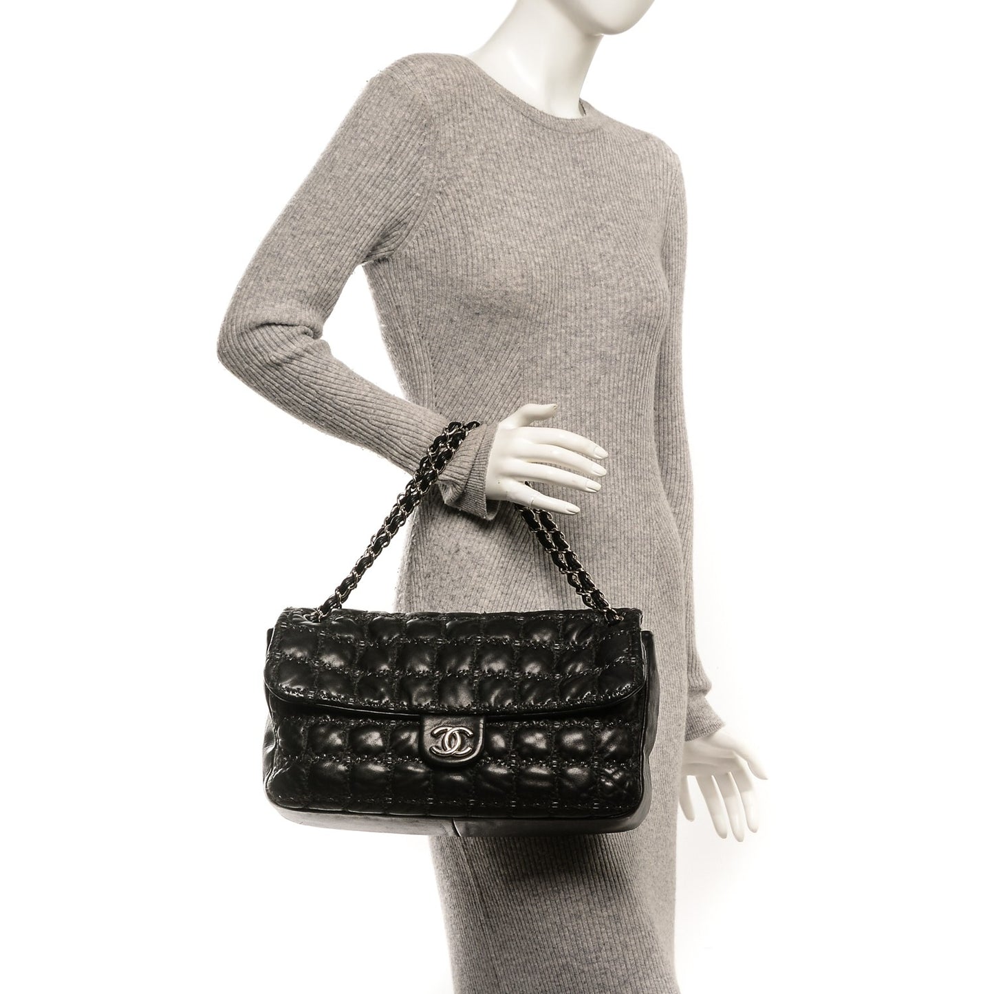 Lambskin Tweed Double Stitch Maxi Flap Black