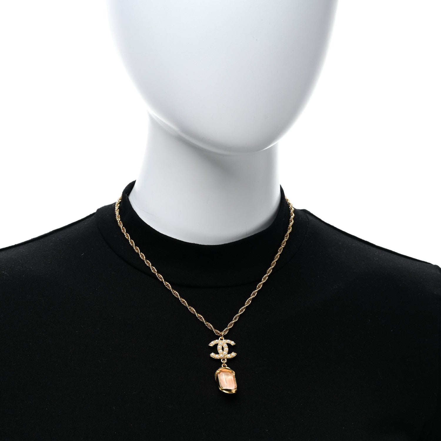 Chanel Pearl Crystal CC Pendant Necklace Gold Pink Pearly White 3 of 4