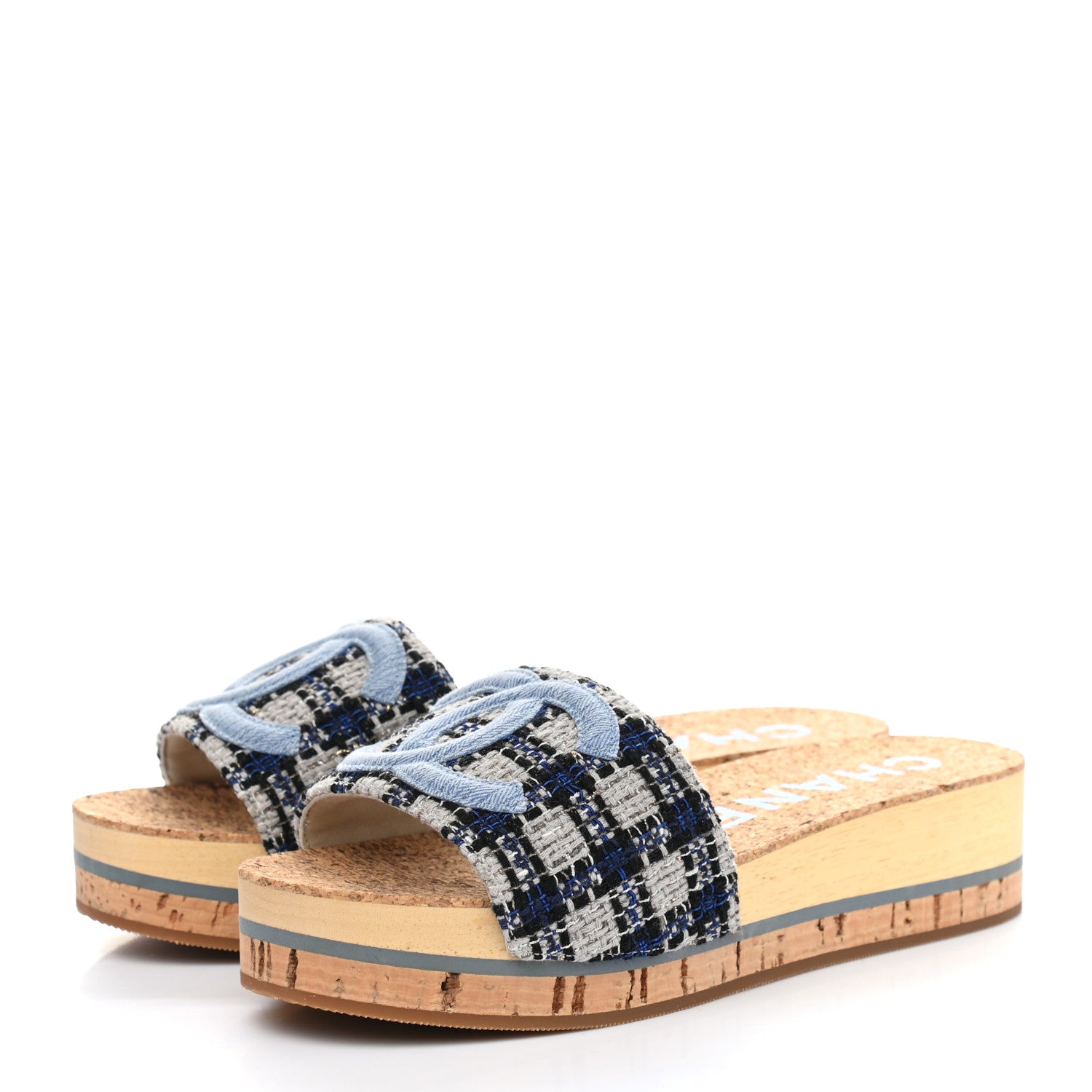 Chanel Tweed Mixed Fibers Cork CC Mule Sandal 36 Navy Blue White Blue 3 of 8