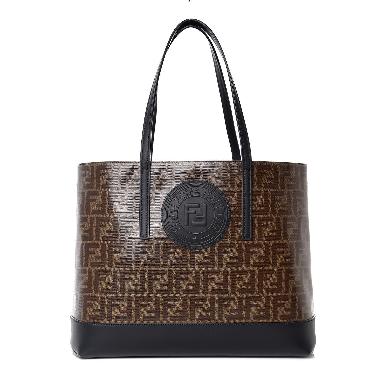 Fendi Glazed Fabric Vitello Century FF 1974 Stamp Patch Shopping Tote Mogano Panna Black 1 of 7