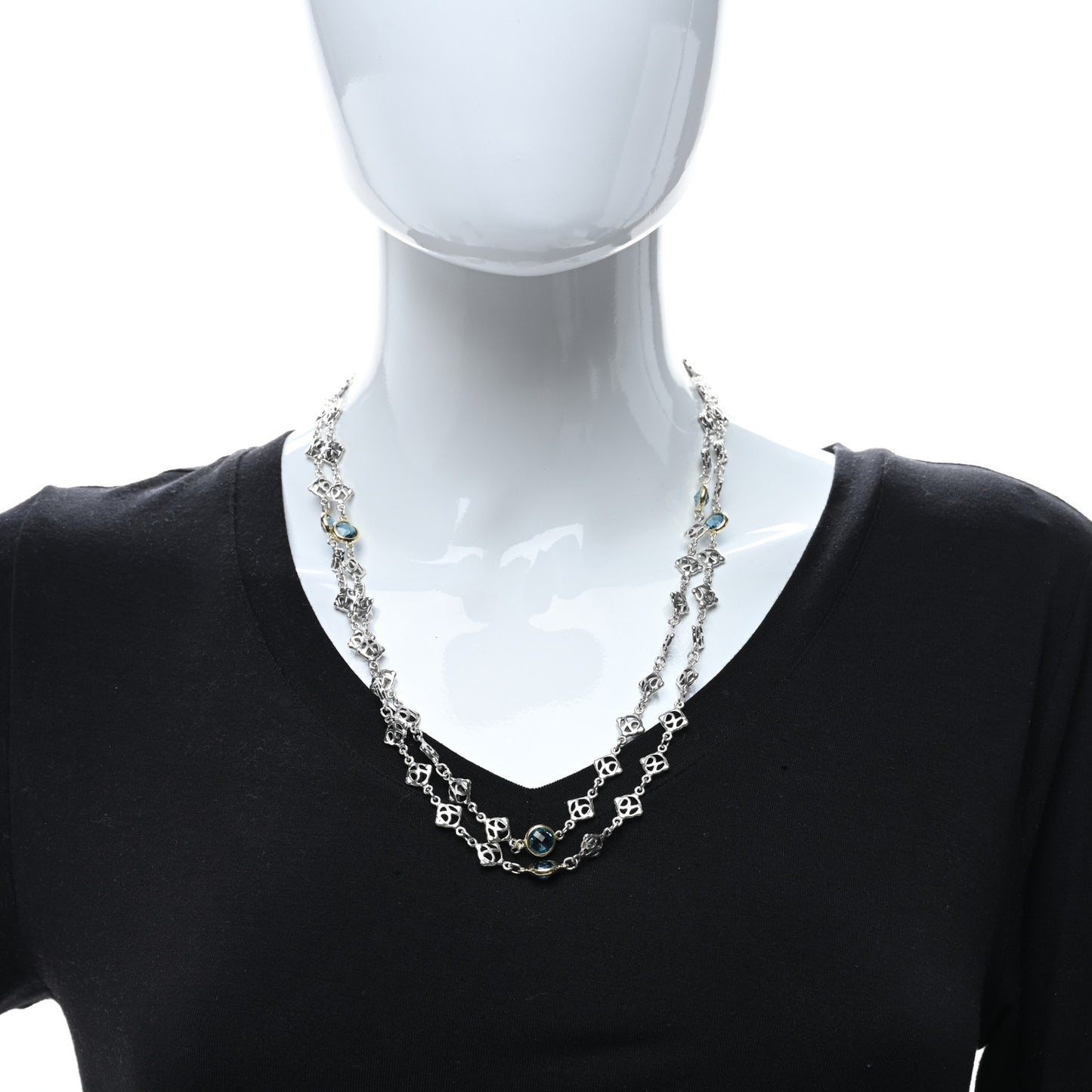 Sterling Silver 18K Yellow Gold Blue Topaz Logo Chain Necklace