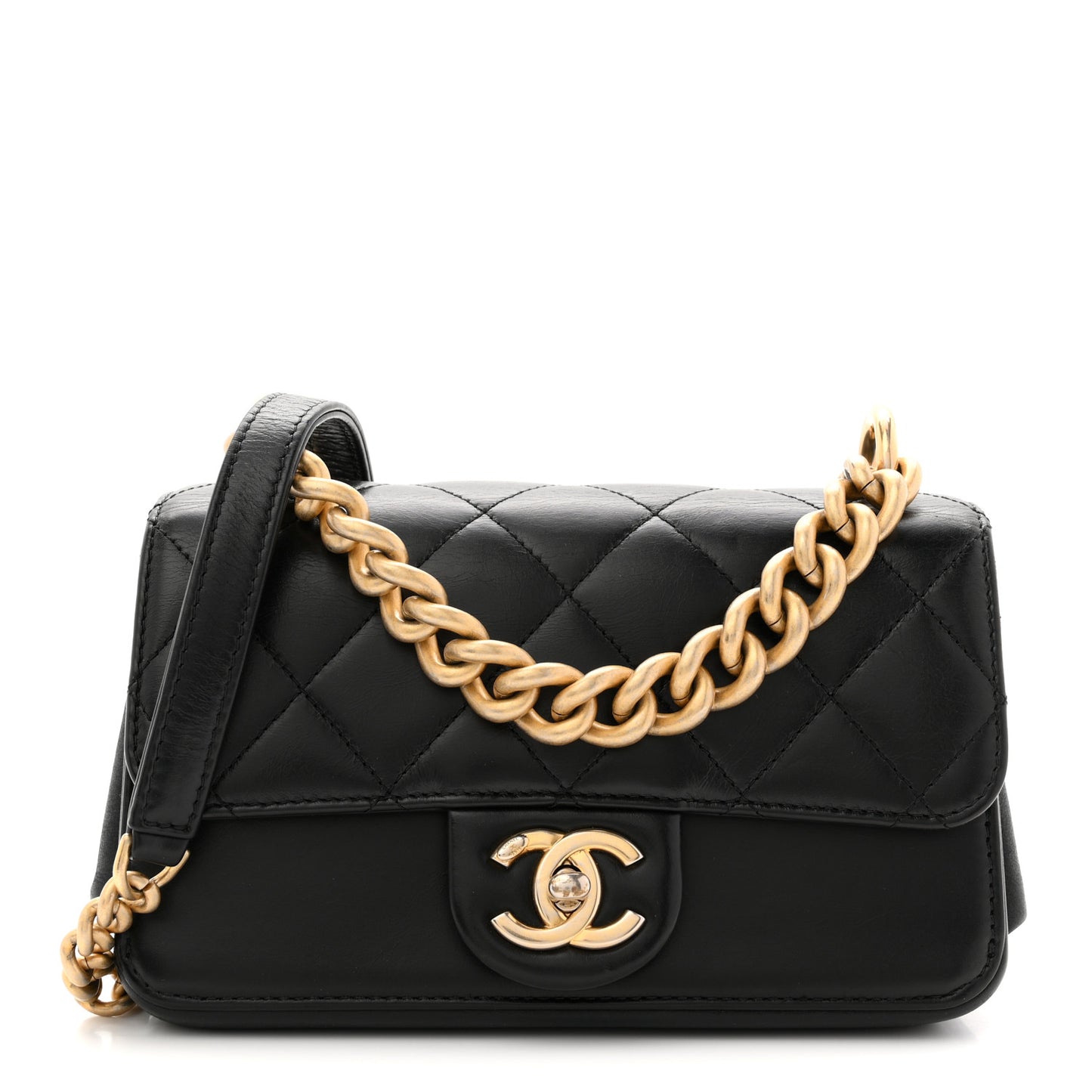 Iridescent Calfskin Quilted Mini Straight Lined Flap Black