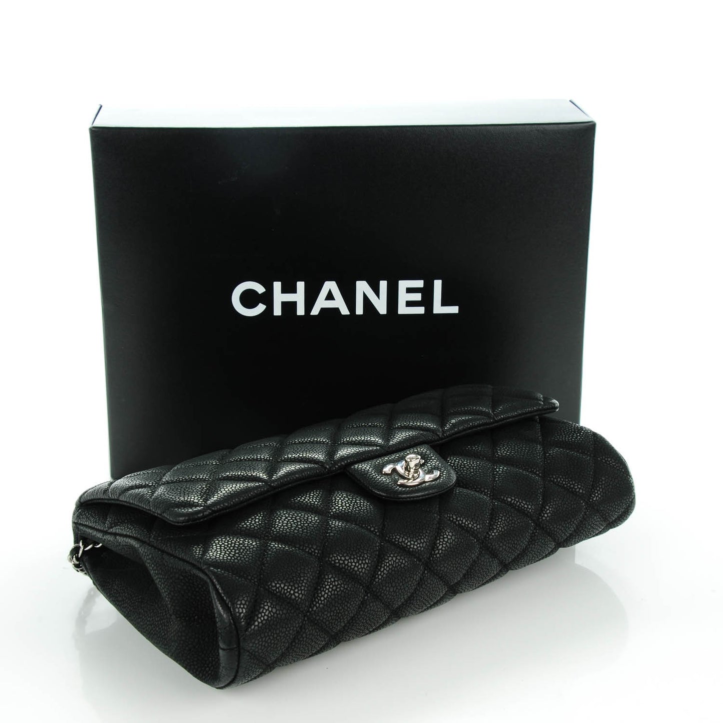 Iridescent Caviar Quilted Clutch With Chain Flap Black