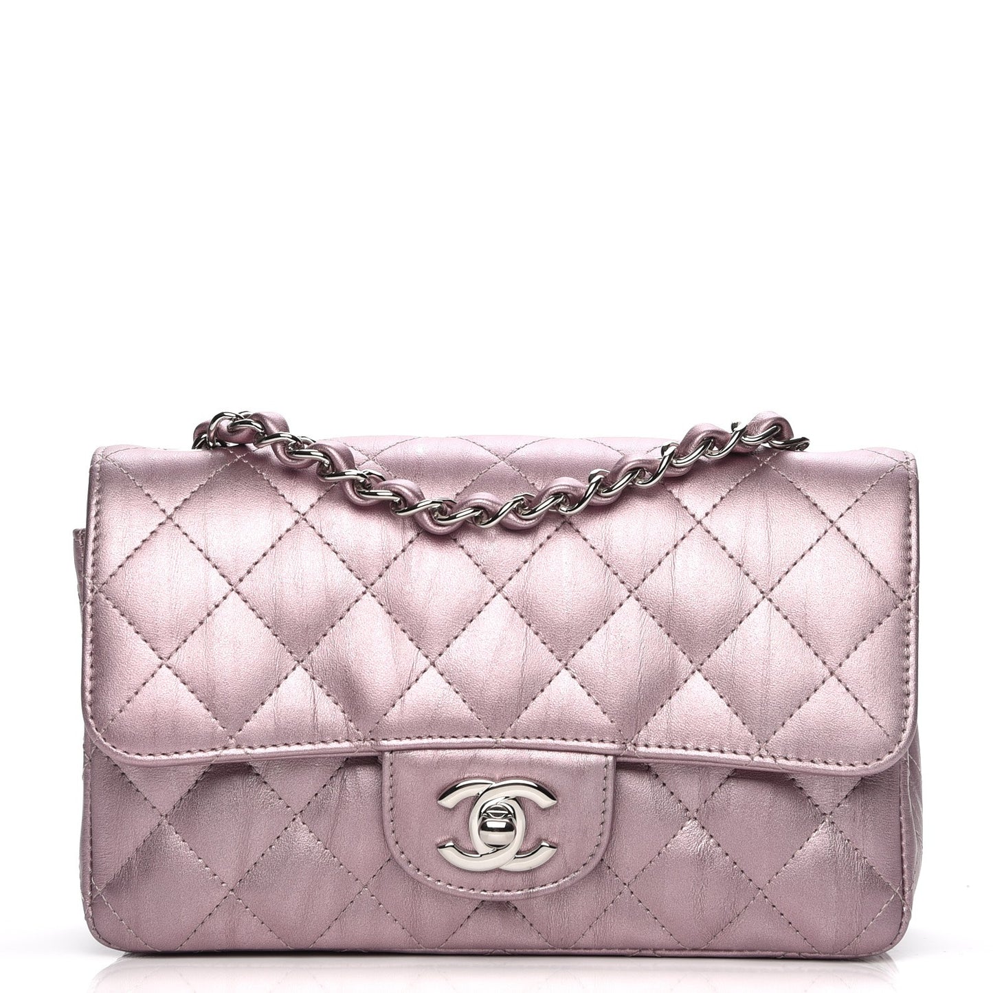 Metallic Calfskin Quilted Mini Rectangular Flap Pink