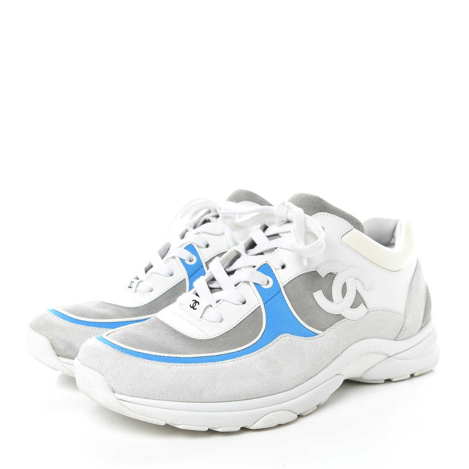 Chanel Suede Calfskin Mens CC Sneakers 43 White Grey Blue 3 of 12