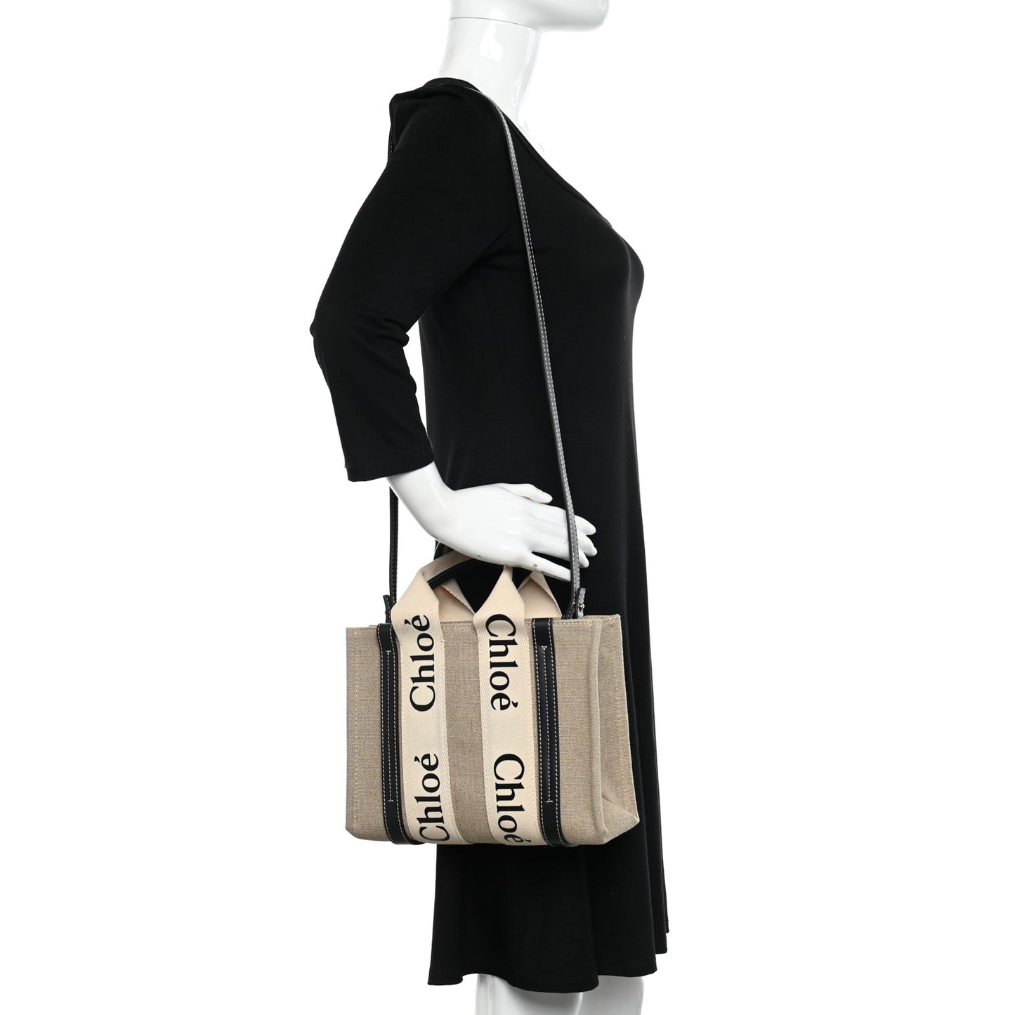 Linen Calfskin Small Woody Ribbon Tote White Black