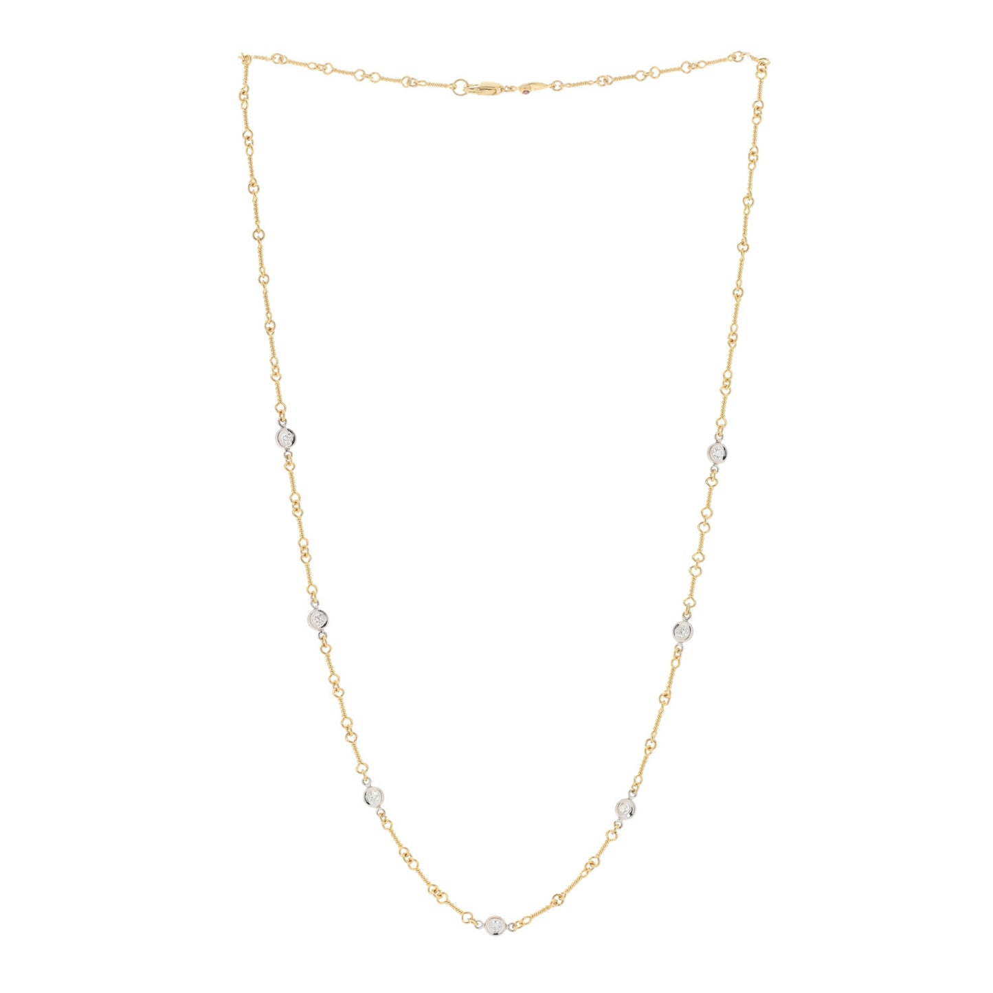 18K Yellow White Gold Diamond By the Inch Seven Station Dog Bone Necklace