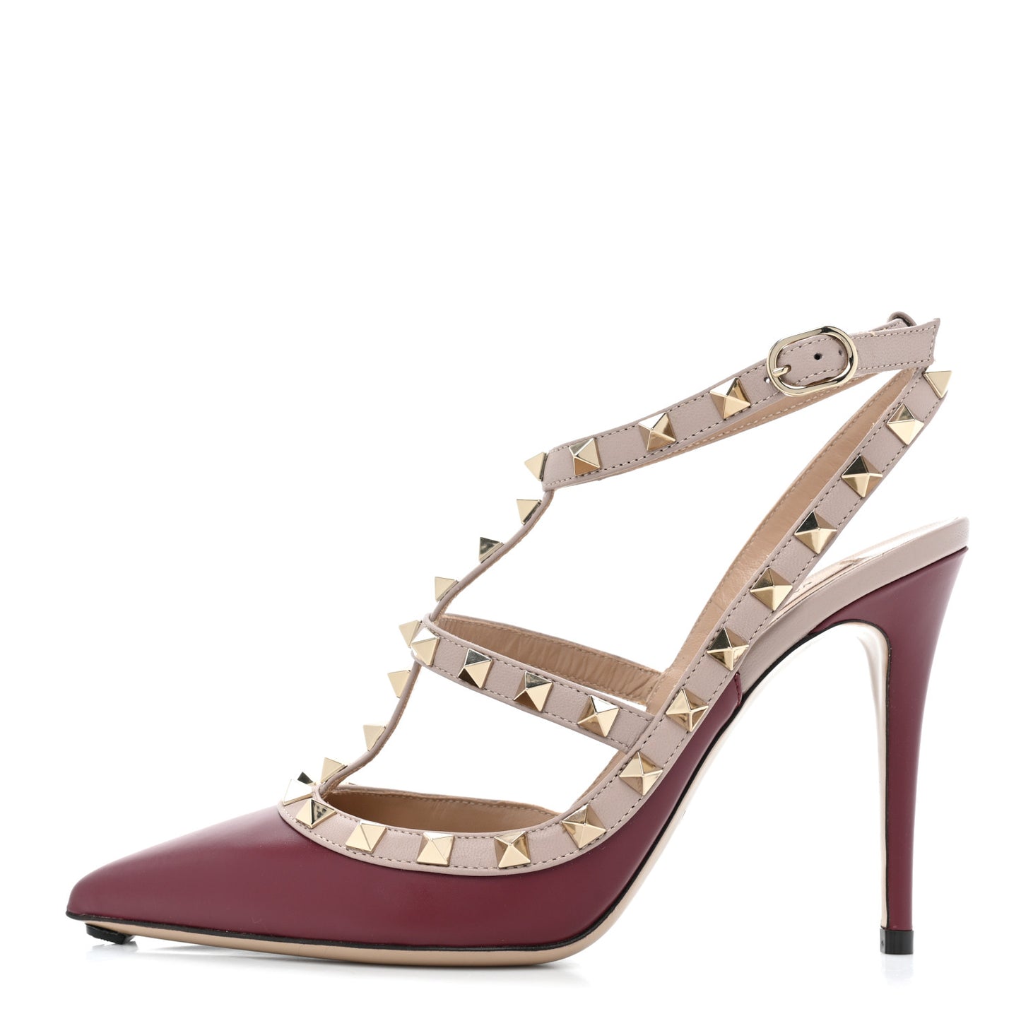 Calfskin Nappa Rockstud Ankle Strap 100mm Pumps 38 Rubin Poudre