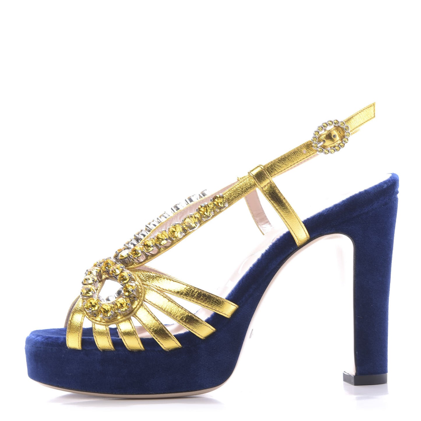 Velvet Nappa Crystal Zephyra Slingback Platform High Heel Sandals 35.5 Blue Gold