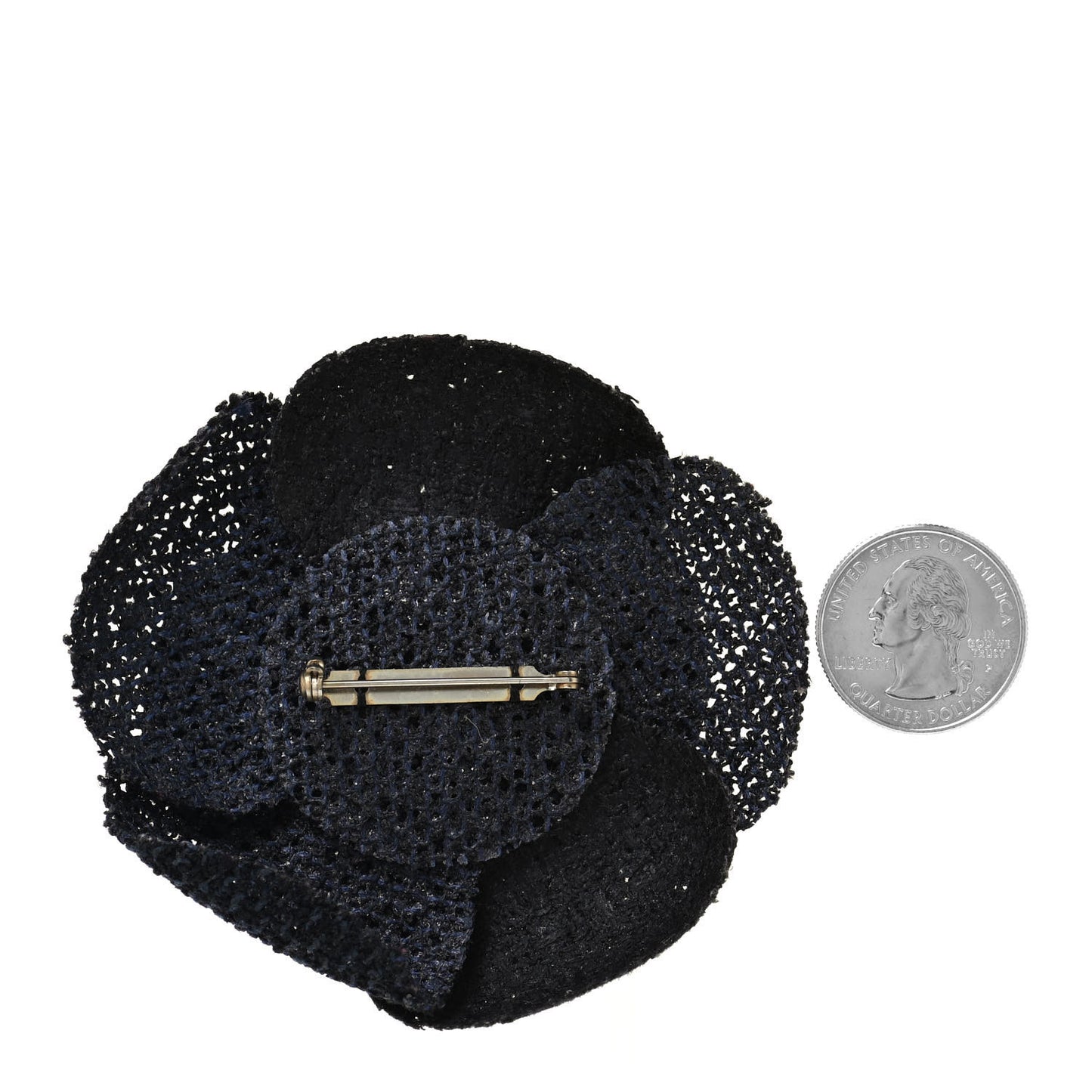 Tweed Camellia Pin Brooch Navy Blue