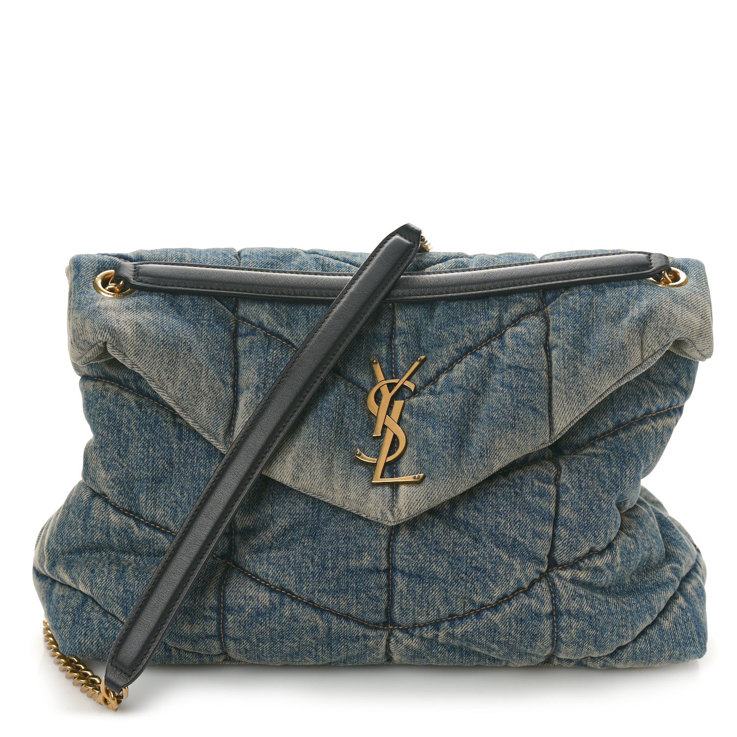 Saint Laurent Denim Quilted Medium Loulou Puffer Monogram Chain Satchel Blue Black 1 of 10