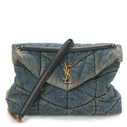 Saint Laurent Denim Quilted Medium Loulou Puffer Monogram Chain Satchel Blue Black 1 of 10