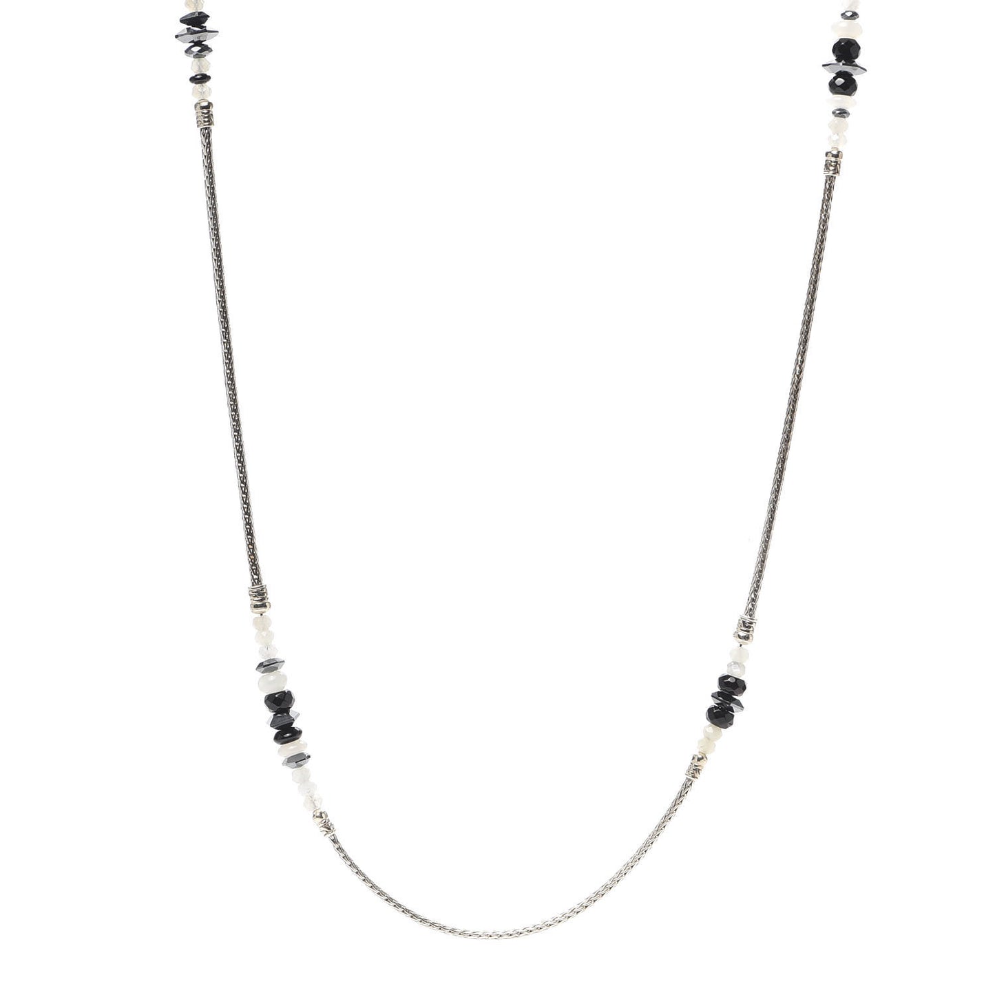 Sterling Silver Hematite Moonstone Black Onyx Classic Chain Station Necklace