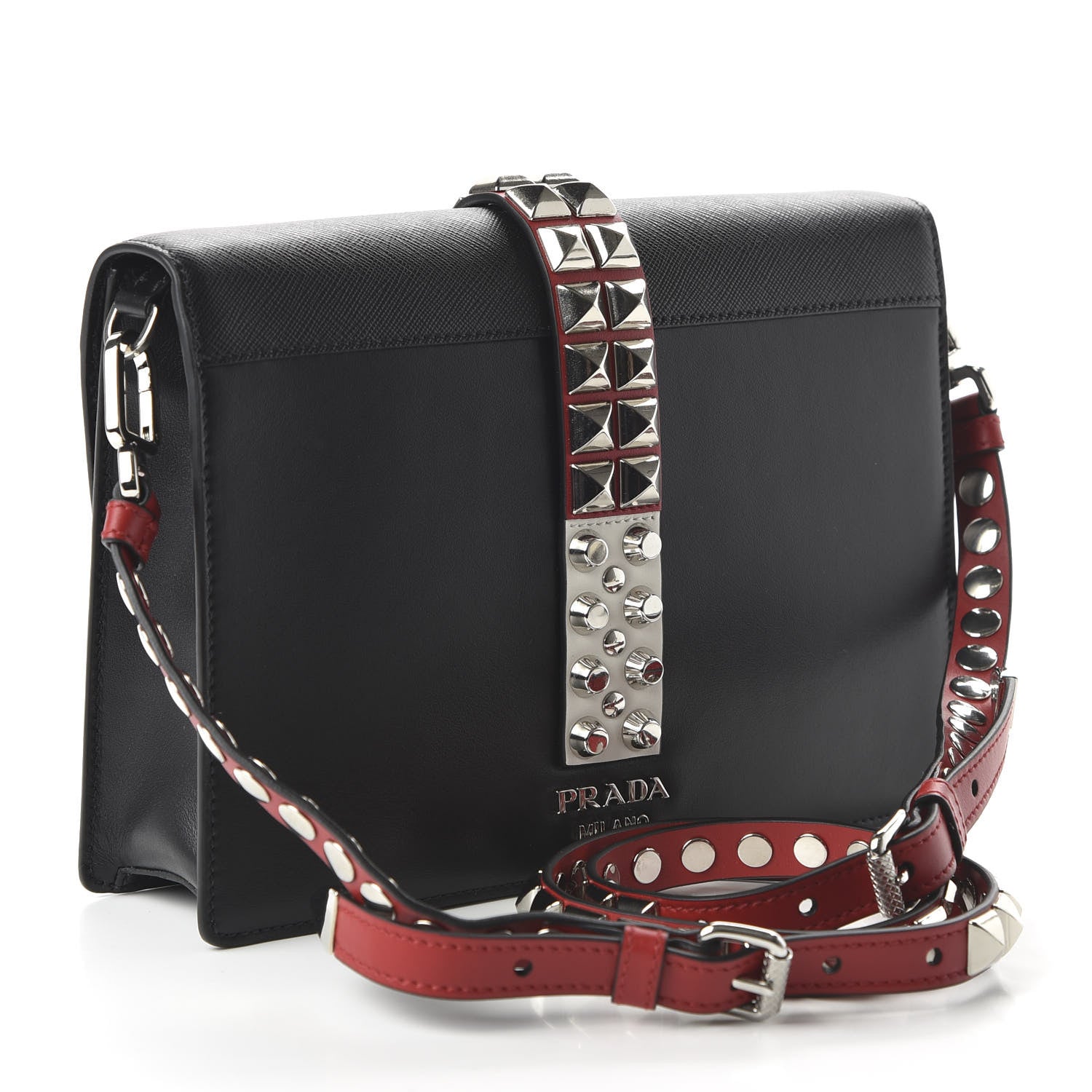 Prada Saffiano City Calfskin Studded Large Elektra Shoulder Bag Black Fuoco 3 of 9
