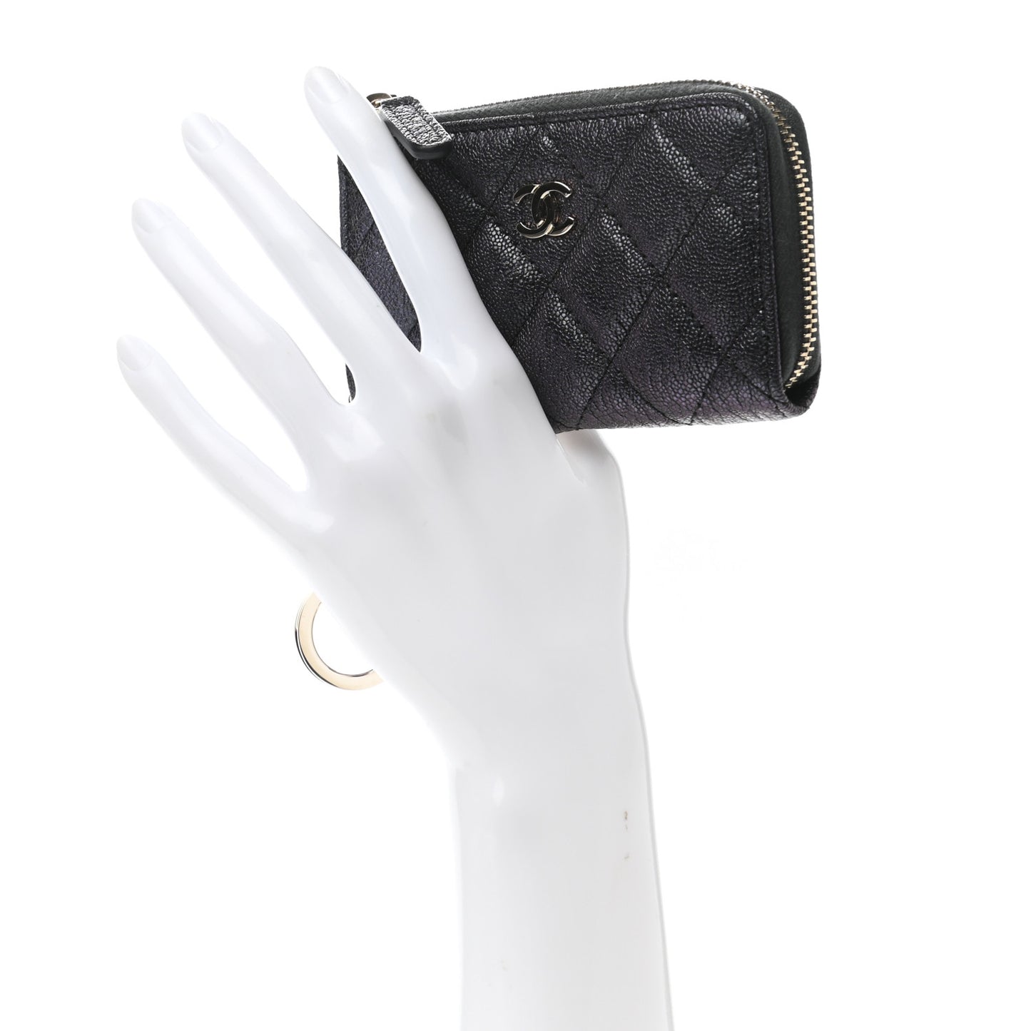 Iridescent Caviar Quilted Zipped Key Holder Case Black