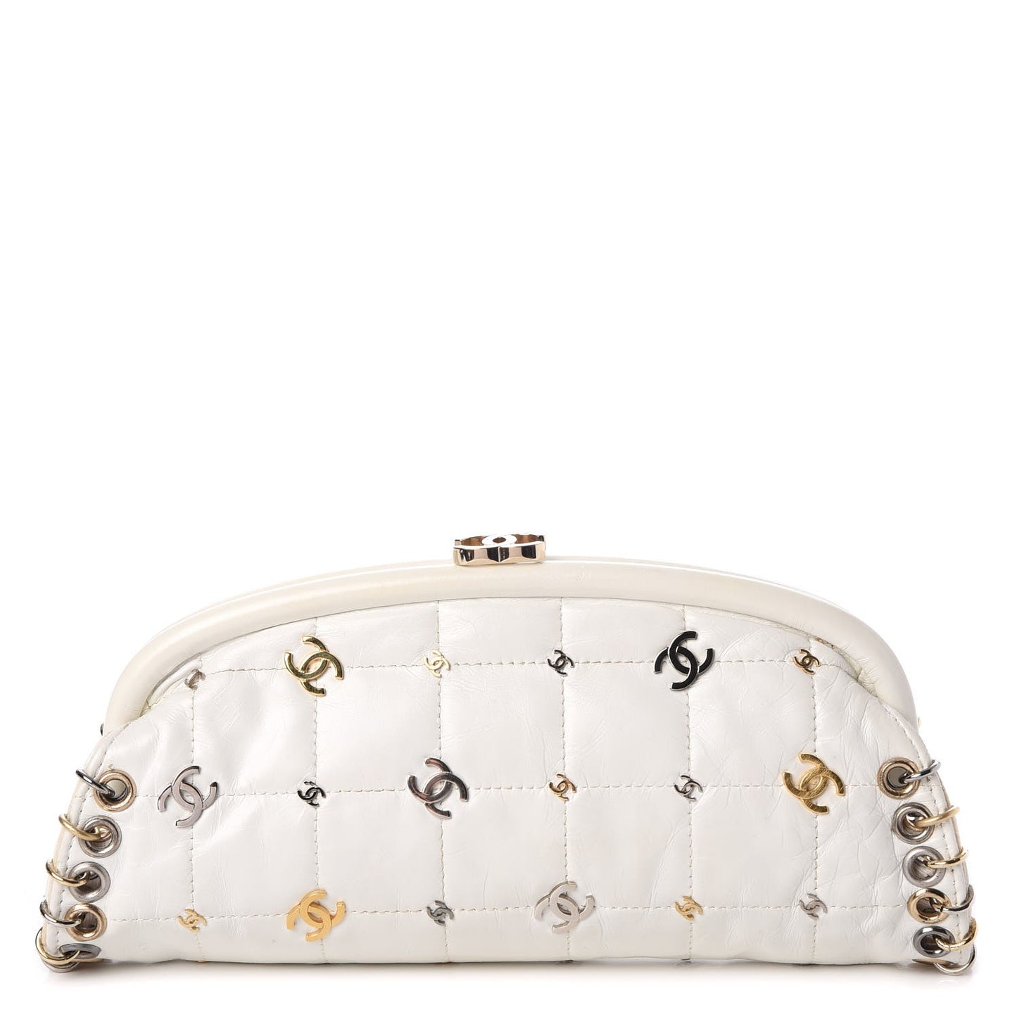 Calfskin Square Quilted Grommet Embellished Piercing Chic Clutch White