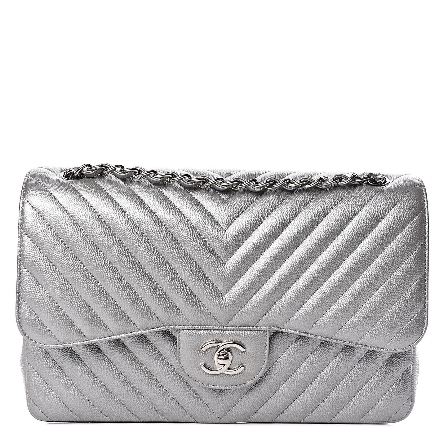 Metallic Caviar Chevron Quilted Jumbo Double Flap Silver