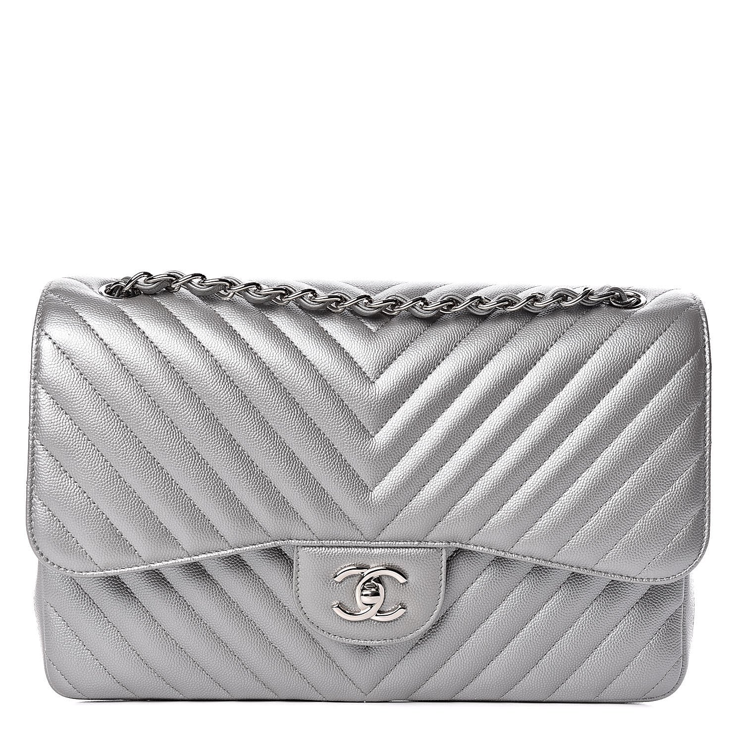 Chanel Metallic Caviar Chevron Quilted Jumbo Double Flap Silver 1 of 11