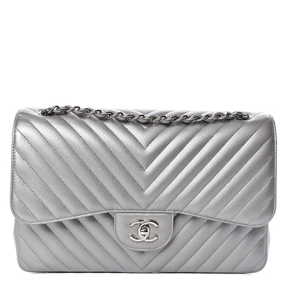 Chanel Metallic Caviar Chevron Quilted Jumbo Double Flap Silver 1 of 11