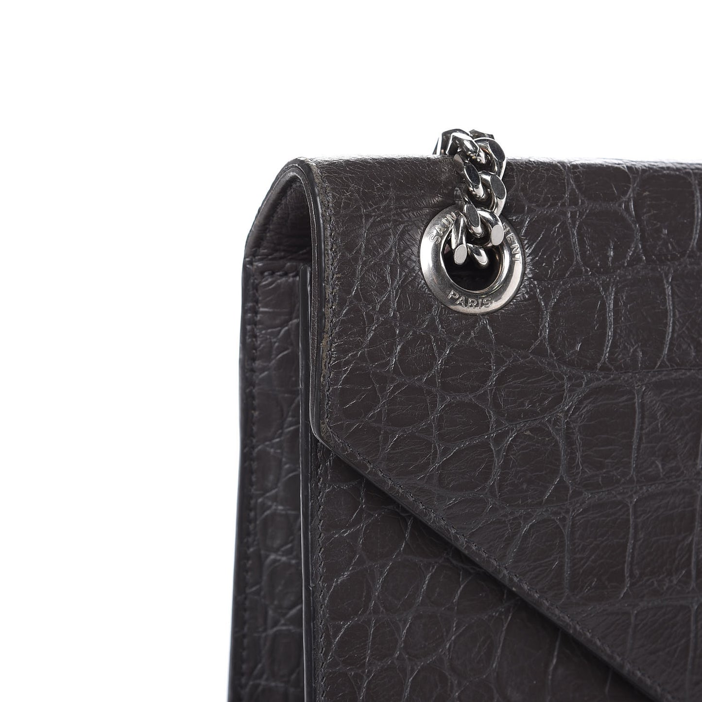 Calfskin Crocodile Embossed Large Monogram Satchel Fog
