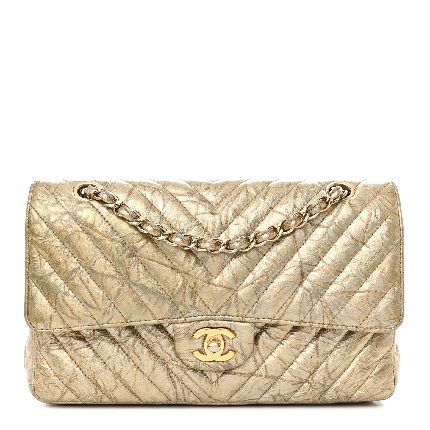 Metallic Patent Crumpled Calfskin Chevron Quilted Medium Double Flap Gold