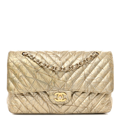 Chanel Metallic Patent Crumpled Calfskin Chevron Quilted Medium Double Flap Gold 1 of 18