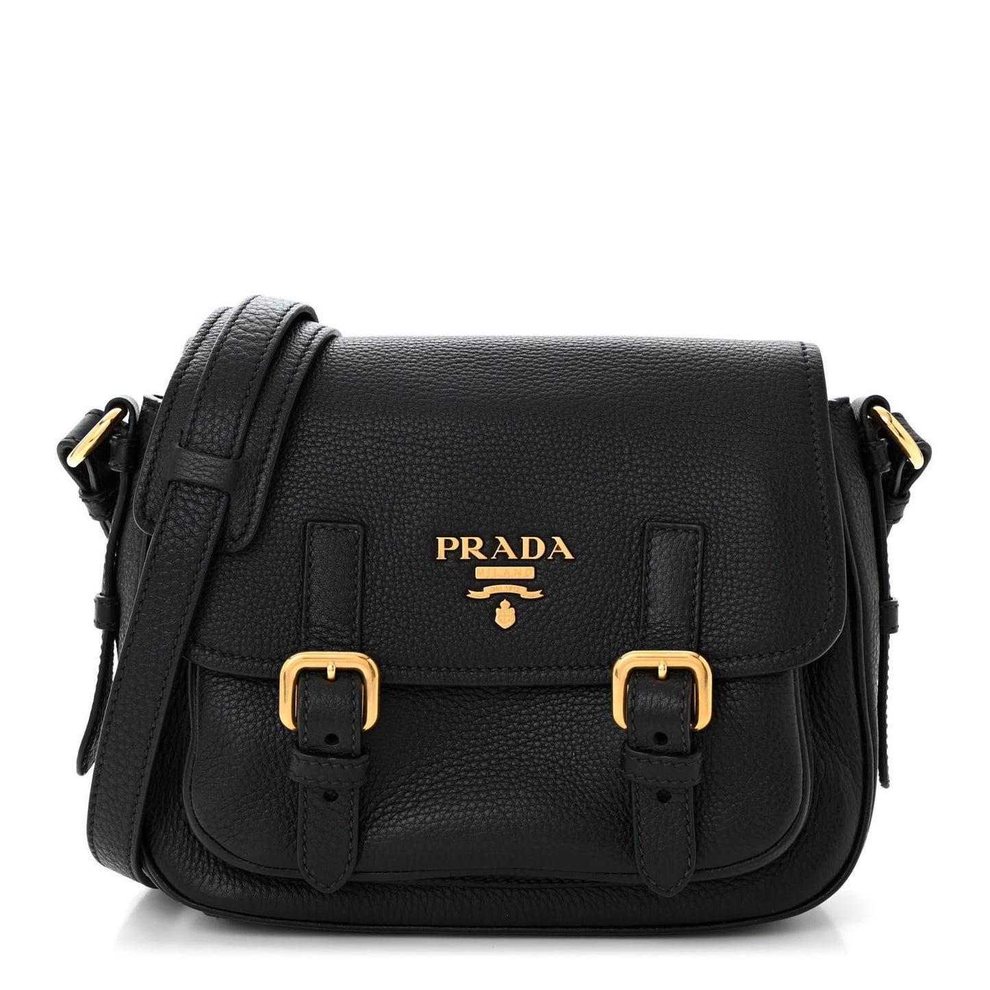Vitello Daino Double Buckle Messenger Bag Black