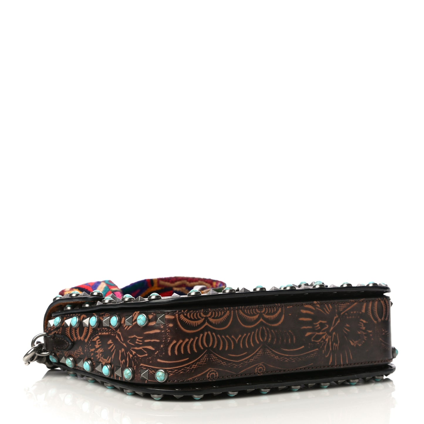 Calfskin Embossed Medium Guitar Strap Rockstud Rolling Flap Saddle Bag Brown
