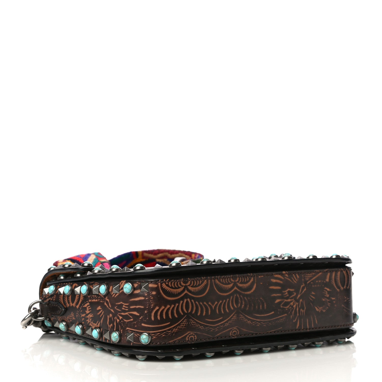 Valentino Garavani Calfskin Embossed Medium Guitar Strap Rockstud Rolling Flap Saddle Bag Brown 4 of 17