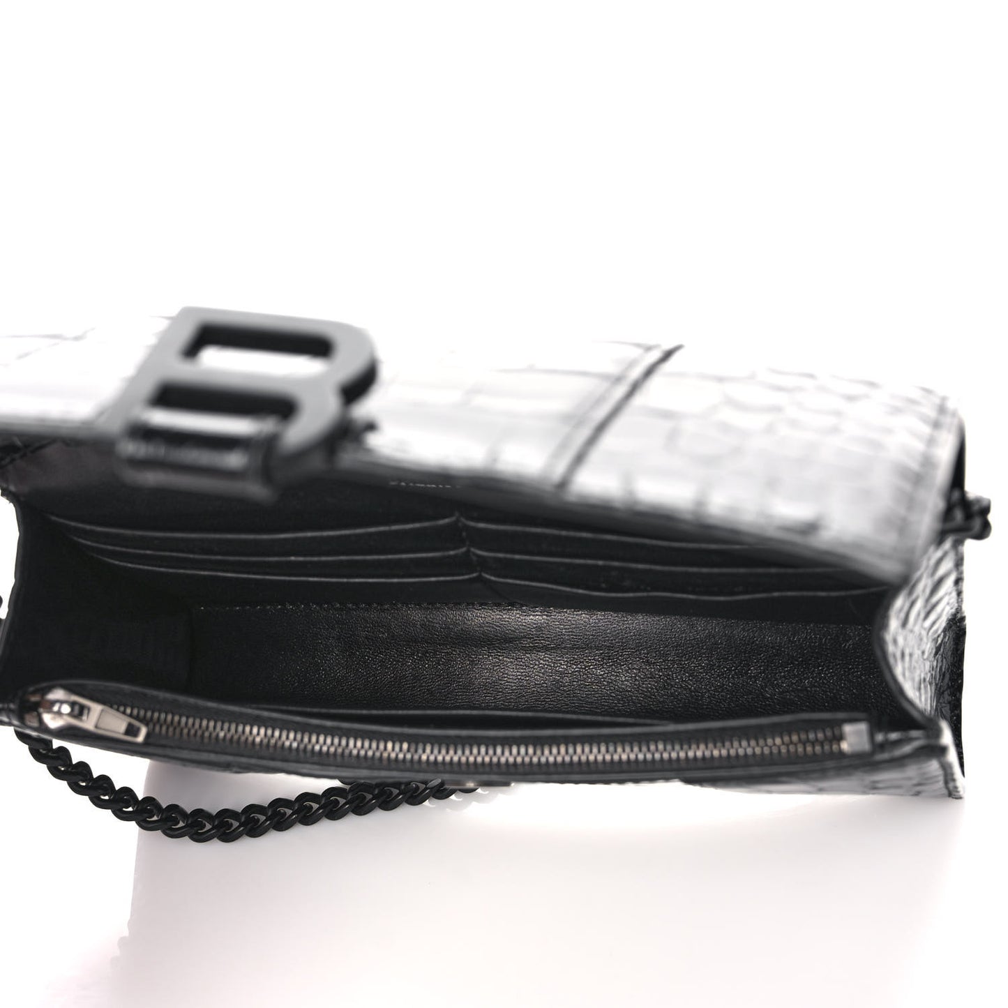 Shiny Calfskin Monochrome Crocodile Embossed Hourglass Chain Bag Black