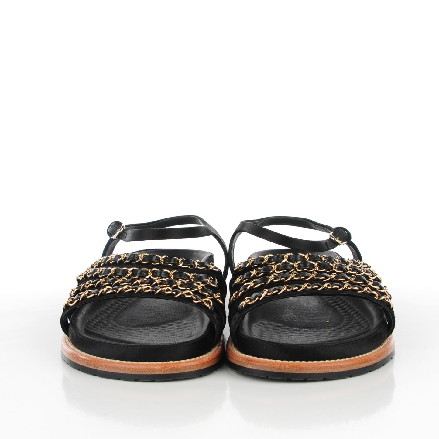 Satin Lambskin Chain Flat Sandals 39 Black