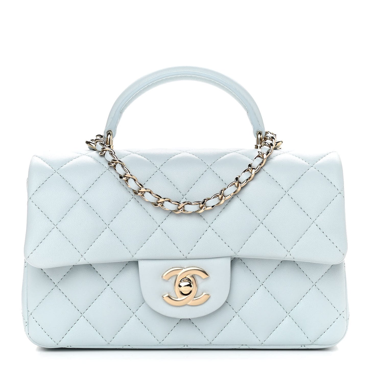 Lambskin Quilted Mini Top Handle Rectangular Flap Light Blue