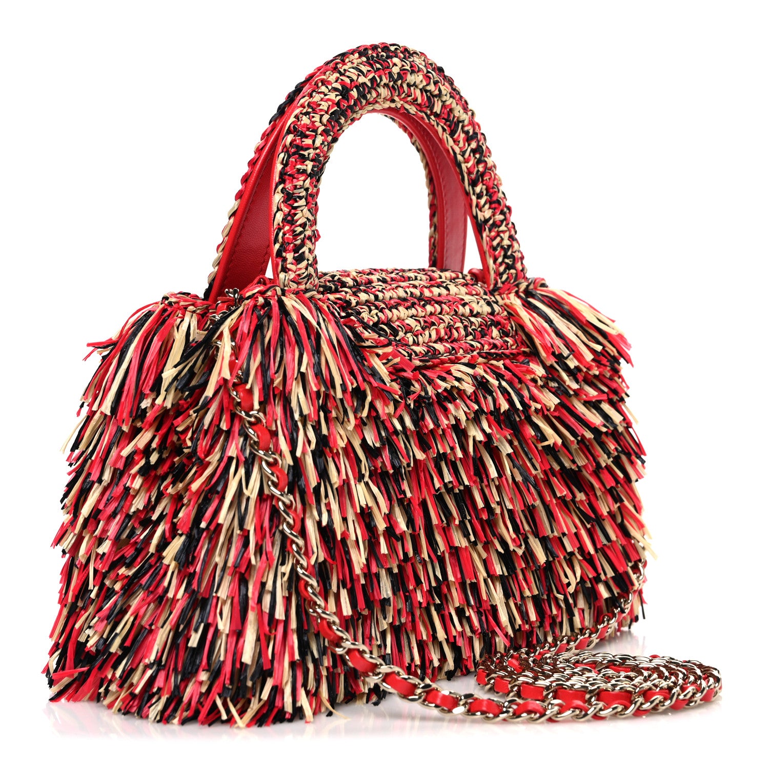 Chanel Raffia Fringe Nano Kelly Shopper Red Beige Black 3 of 10