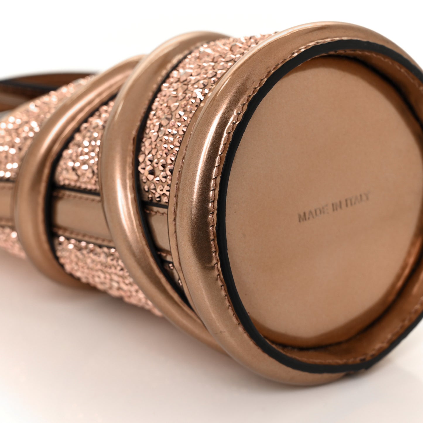 Metallic Calfskin Crystal Mini Curve Bucket Bag Rose Gold