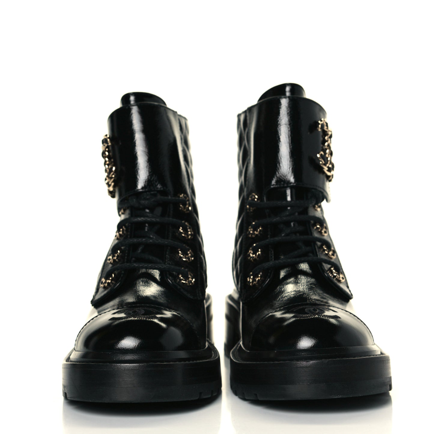 Shiny Calfskin Quilted Lace Up Combat Boots 37 Black