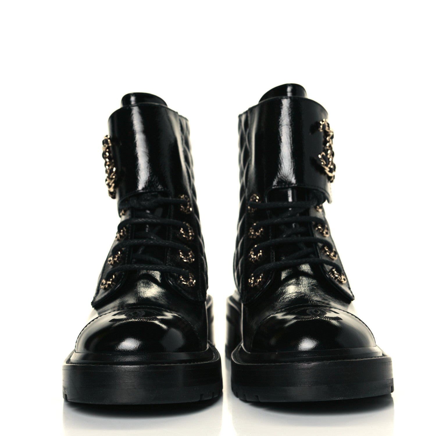 Chanel Shiny Calfskin Quilted Lace Up Combat Boots 37 Black 3 of 10