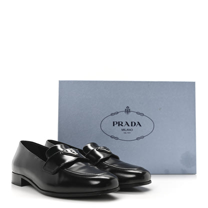 Prada Brushed Calfskin Metal Triangle Logo 20mm Loafers 36.5 Black 9 of 9
